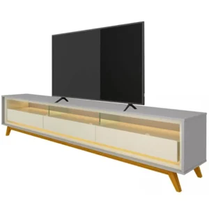 RACK REQUINTE 212CM PARA TV ATÉ 75 POLEGADAS COM LED 3 GAVETAS GELIUS COR CINZA OFF WHITE