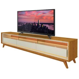 RACK REQUINTE 212CM PARA TV ATÉ 75 POLEGADAS COM LED 3 GAVETAS GELIUS COR NATURALE OFF WHITE