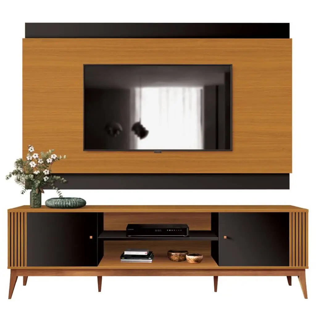 RACK COM PAINEL LEGACY PARA TV ATÉ 65 POLEGADAS EDN MÓVEIS COR CEDRO NATURALE PRETO
