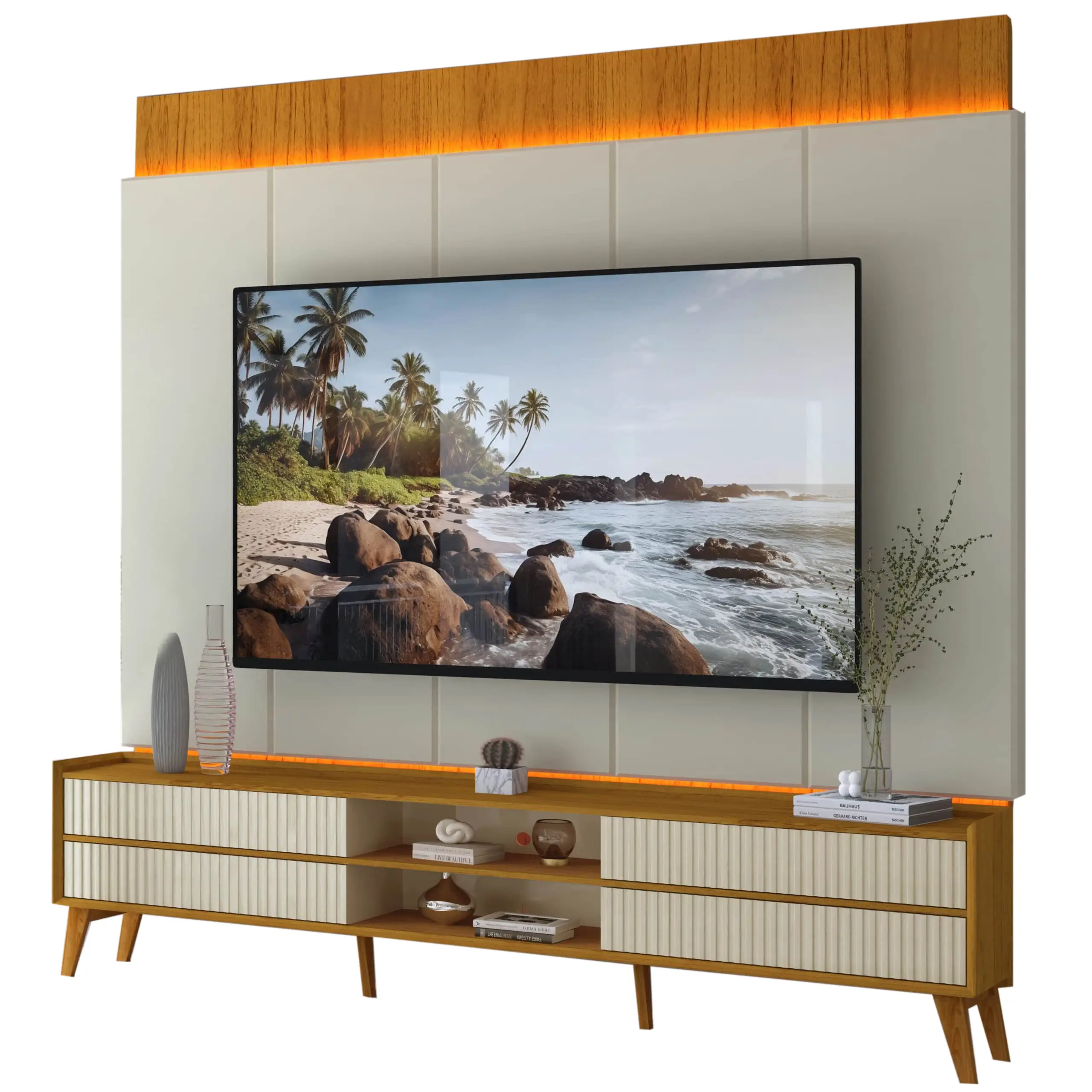 RACK COM PAINEL MAGNIFICO PARA TV ATÉ 75 POLEGADAS COM LED E 4 GAVETAS GELIUS COR NATURALE OFF WHITE