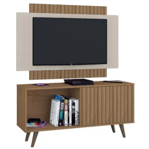 RACK COM PAINEL MALAGA PARA TV ATÉ 50 POLEGADAS 1 PORTA ATUALLE COR CANELATO RÚSTICO 3D NATURA OFF WHITE