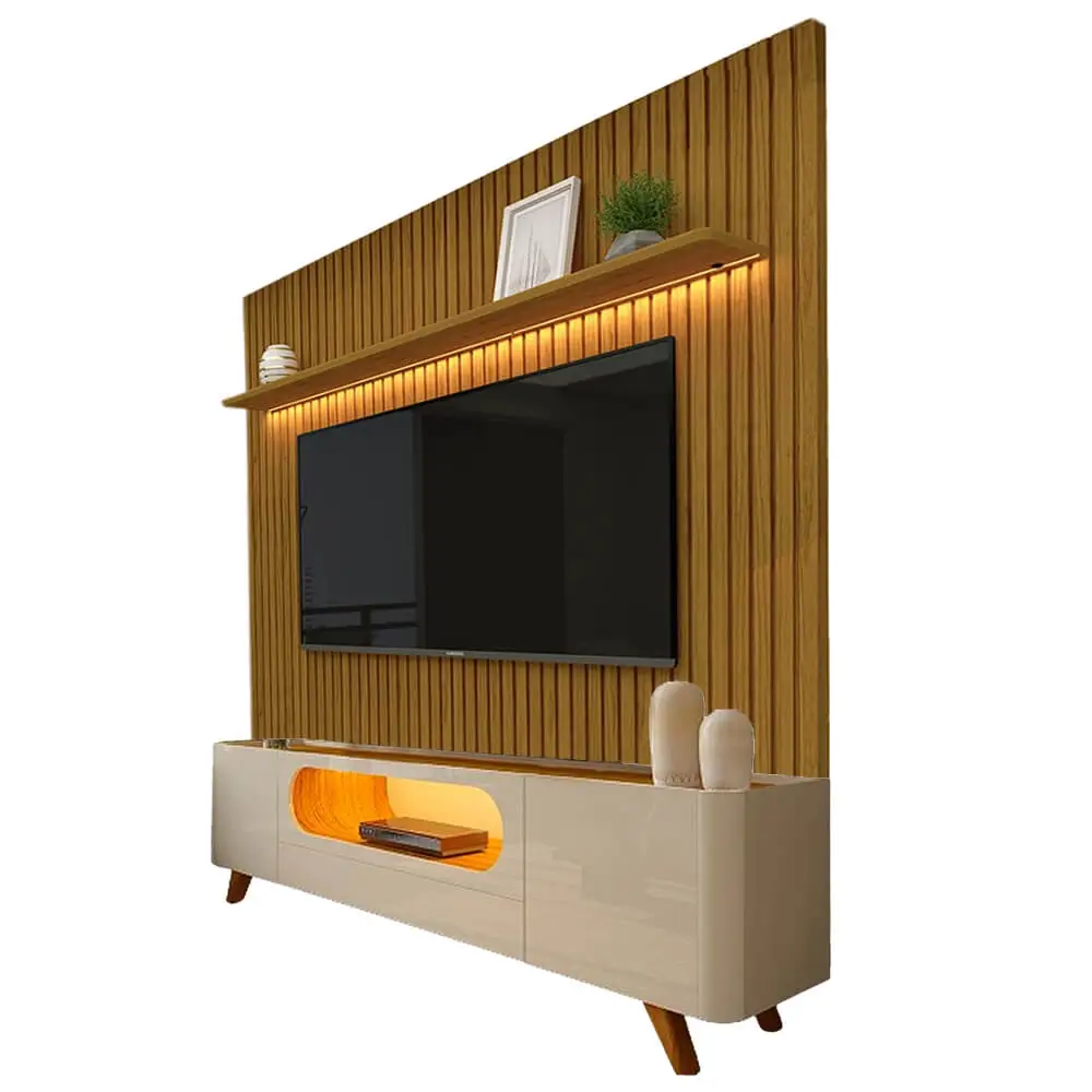 RACK COM PAINEL NOBRE SEM NICHO 230CM PARA TV ATÉ 85 POLEGADAS RIPADO COM LED 2 PORTAS 1 GAVETA GELIUS COR OFF WHITE NATURE