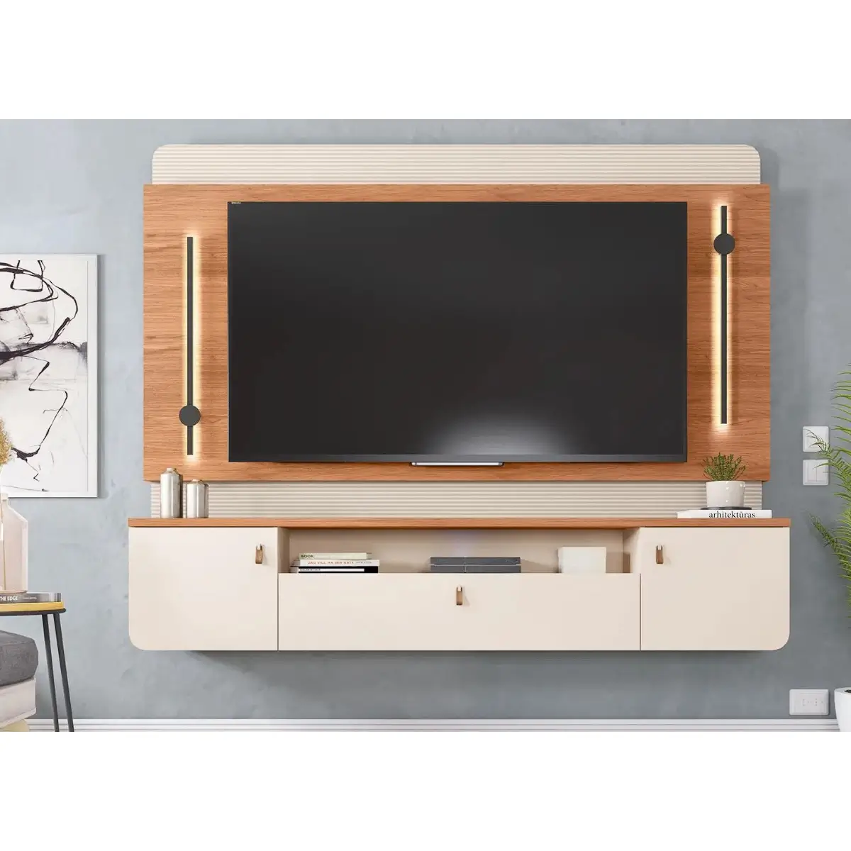 Painel Dali para Tv Até 75 Polegadas Ripado com Led 2 Portas 1 Gaveta Caemmun - Imagem 4