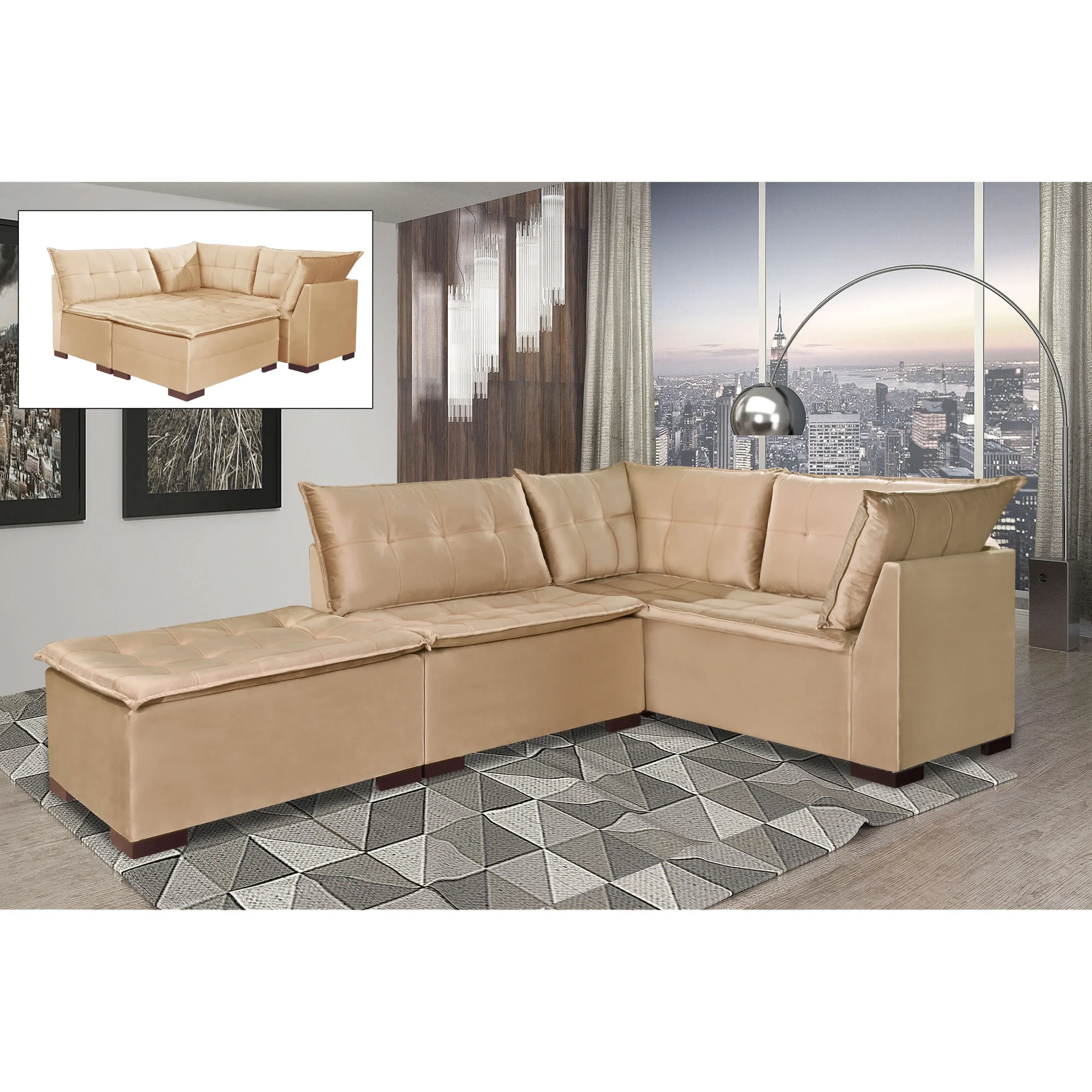 Sofá de Canto Saturno 5 Lugares com Puff 186cm X 186cm Tecido Suede Aifos - Imagem 5
