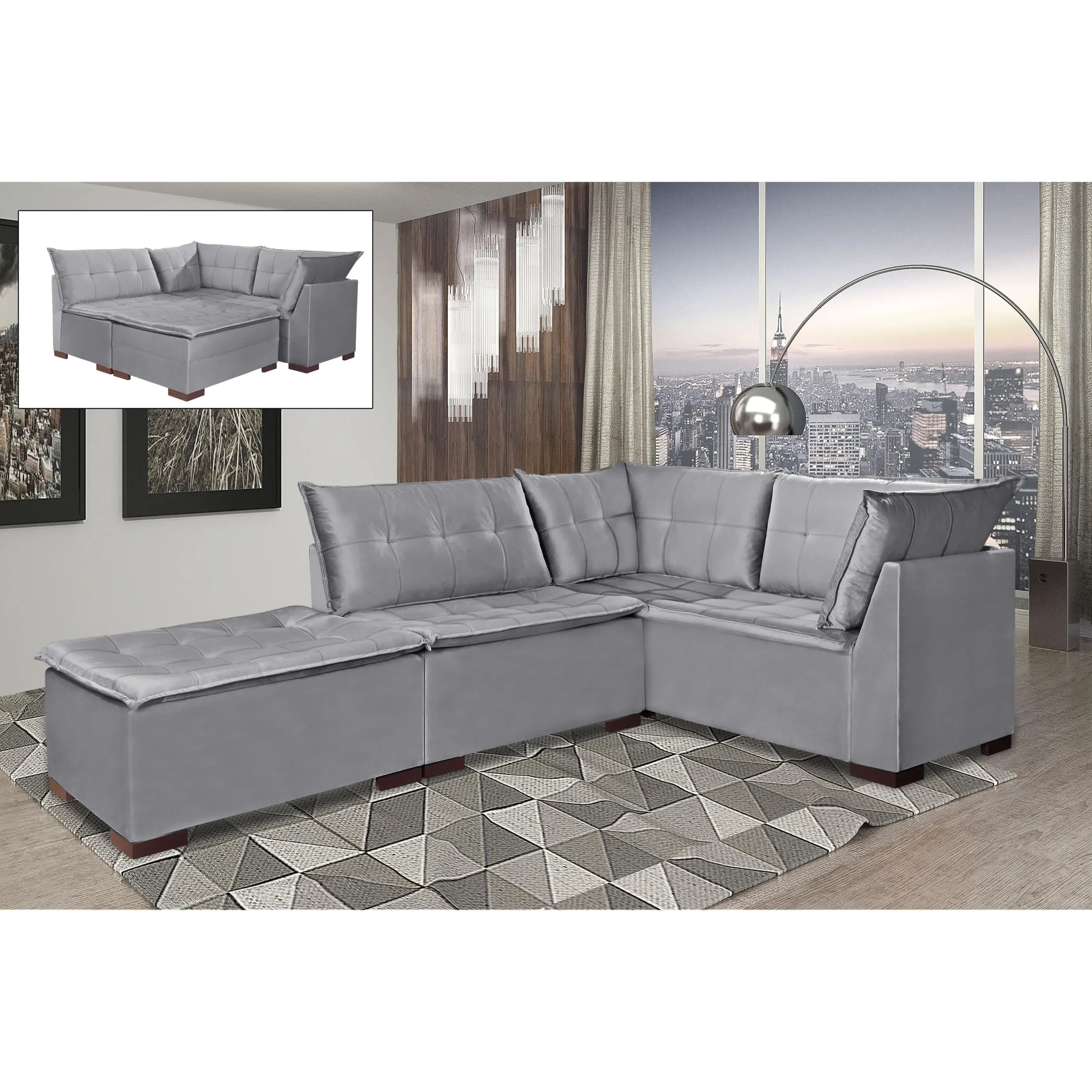 Sofá de Canto Saturno 5 Lugares com Puff 186cm X 186cm Tecido Suede Aifos - Imagem 6