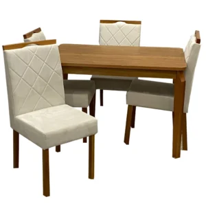 Mesa de Jantar Alegra 120x80cm Sem Vidro e 4 Cadeiras California em Linho Estofadas Jcm