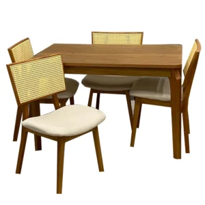 Mesa de Jantar Alegra 120x80cm Sem Vidro e 4 Cadeiras Livia em Linho Madeira Jcm