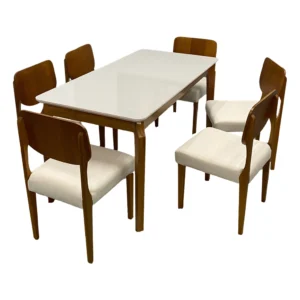 Mesa de Jantar Alegra 160x80cm com Vidro e 6 Cadeiras Barcelona em Linho Madeira Jcm