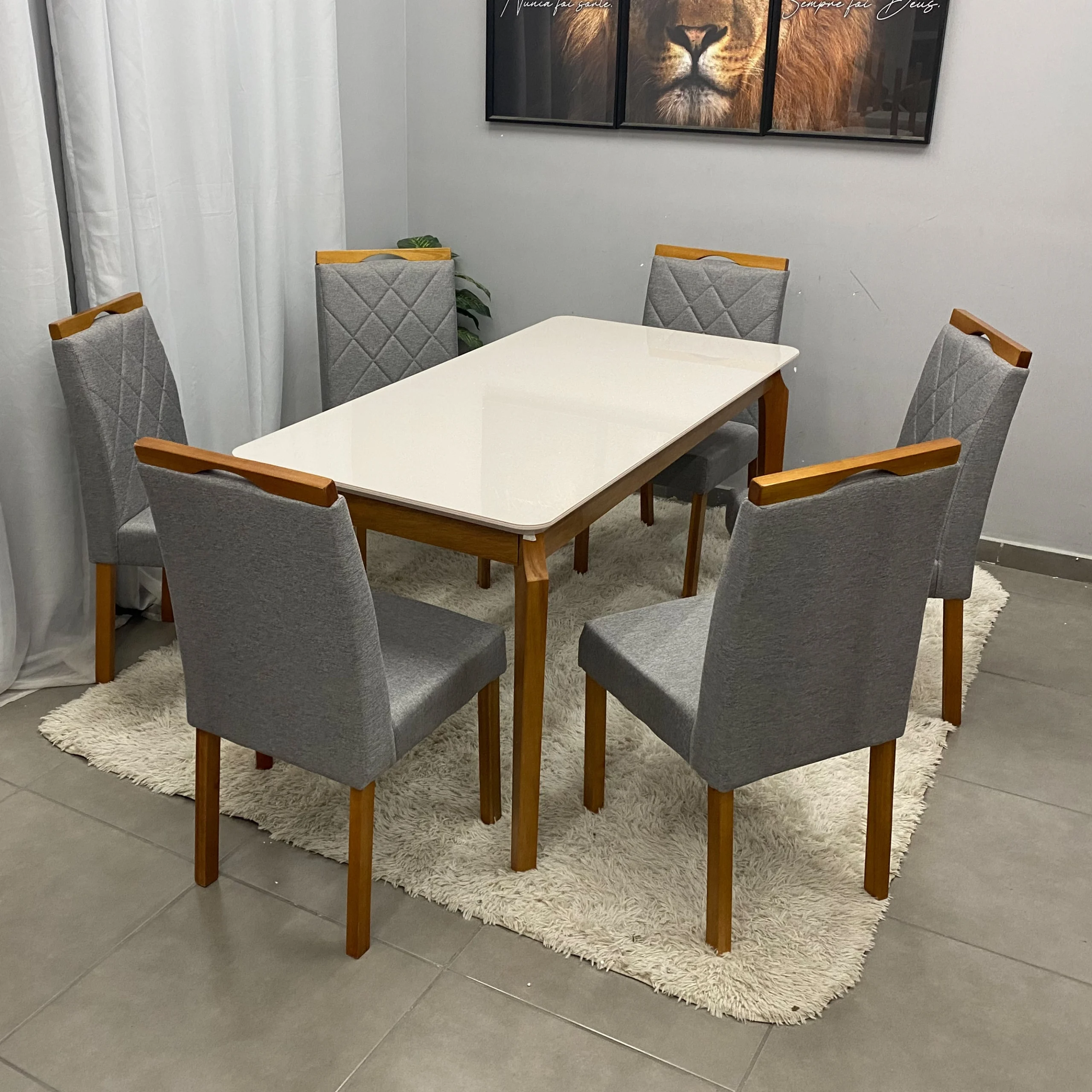 Mesa de Jantar Alegra 160x80cm com Vidro e 6 Cadeiras California em Linho Madeira Jcm - Imagem 3