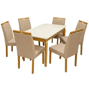 Mesa de Jantar Alegra 160x80cm com Vidro e 6 Cadeiras California em Linho Madeira Jcm