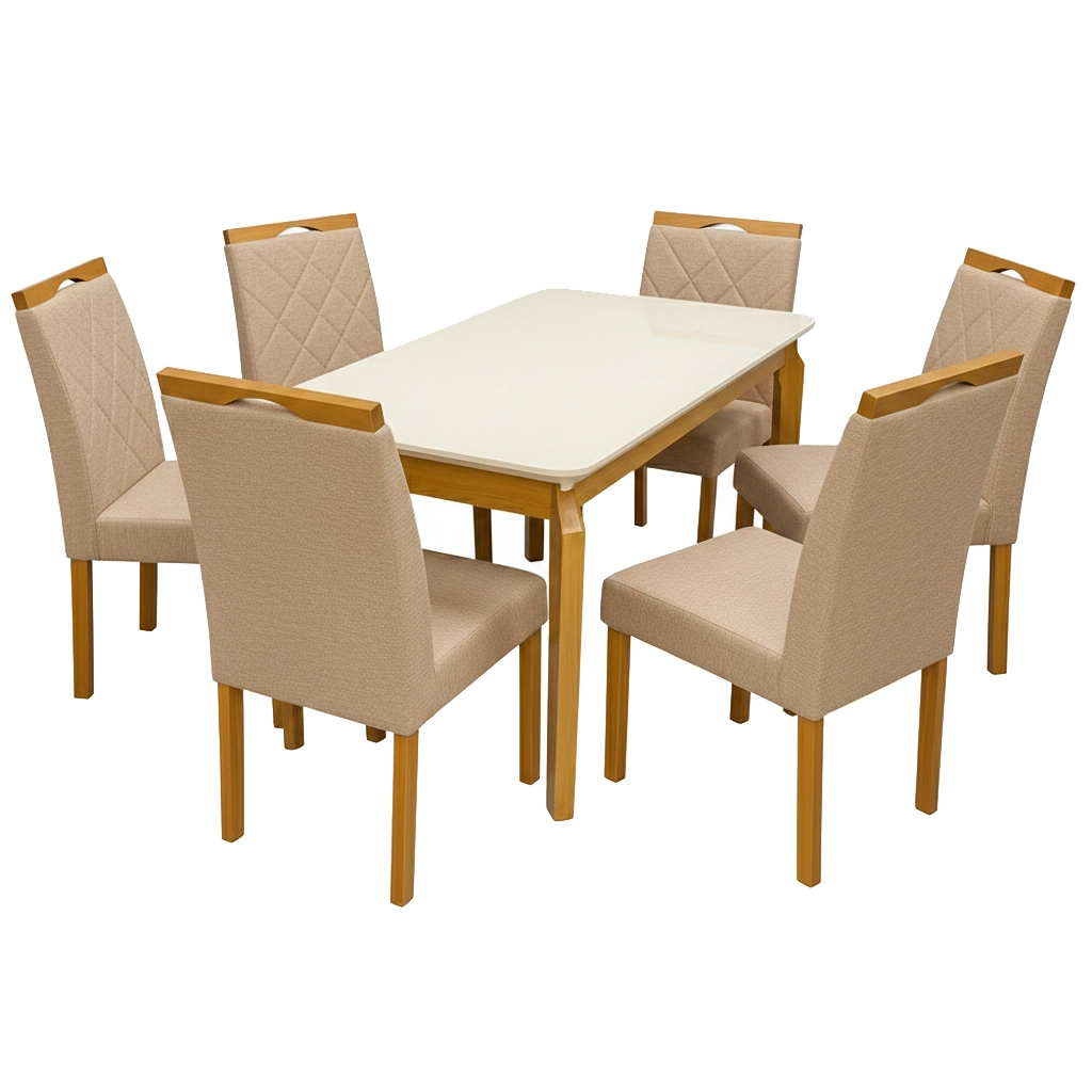 Mesa de Jantar Alegra 160x80cm com Vidro e 6 Cadeiras California em Linho Madeira Jcm