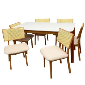 Mesa de Jantar Alegra 160x80cm com Vidro e 6 Cadeiras Diamante em Linho Madeira Jcm