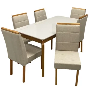 Mesa de Jantar Alegra 160x80cm com Vidro e 6 Cadeiras Giulia em Veludo Estofadas Jcm