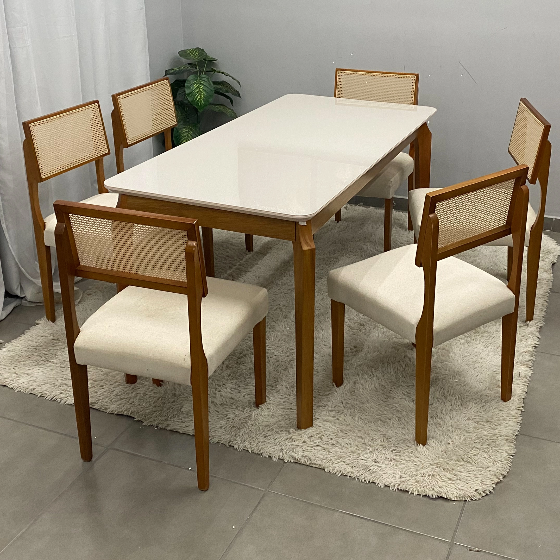 Mesa de Jantar Alegra 160x80cm com Vidro e 6 Cadeiras Grecia em Linho Madeira Jcm - Imagem 3