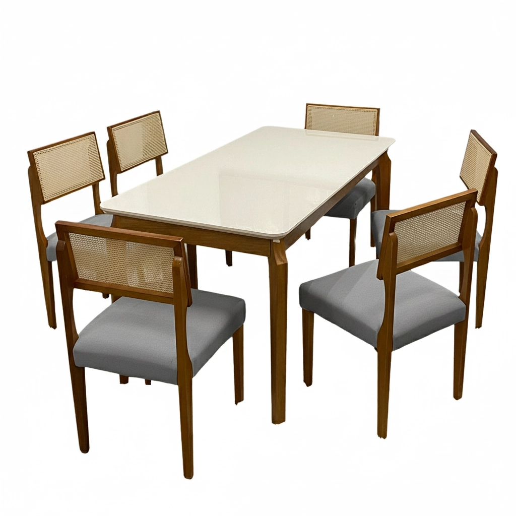 Mesa de Jantar Alegra 160x80cm com Vidro e 6 Cadeiras Grecia em Linho Madeira Jcm - Imagem 4