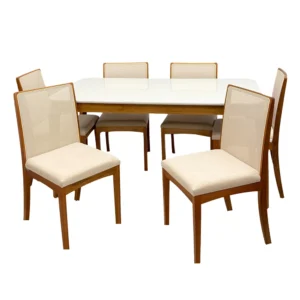 Mesa de Jantar Alegra 160x80cm com Vidro e 6 Cadeiras Lara Kappesberg em Linho Madeira Jcm
