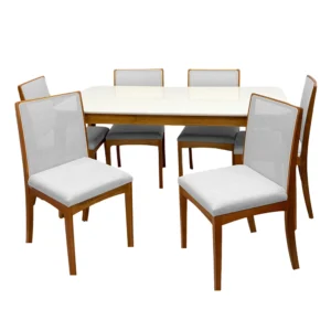 Mesa de Jantar Alegra 180x90cm com Vidro e 6 Cadeiras Lara Kappesberg em Linho Madeira Jcm