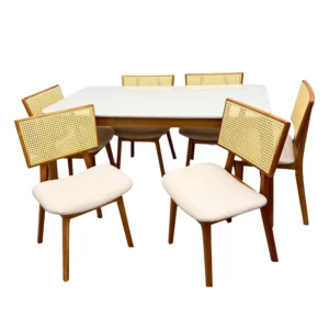 Mesa de Jantar Alegra 160x80cm com Vidro e 6 Cadeiras Livia em Linho Madeira Jcm