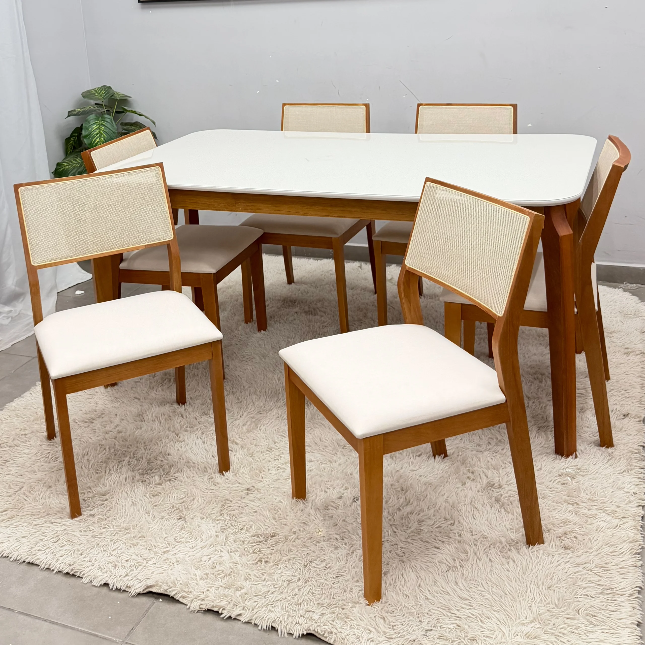 Mesa de Jantar Alegra 160x80cm com Vidro e 6 Cadeiras Oiti em Linho Madeira Jcm - Imagem 3