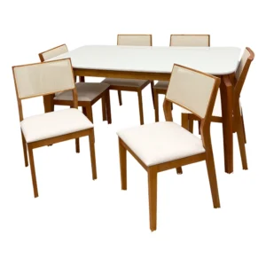 Mesa de Jantar Alegra 160x80cm com Vidro e 6 Cadeiras Oiti em Linho Madeira Jcm