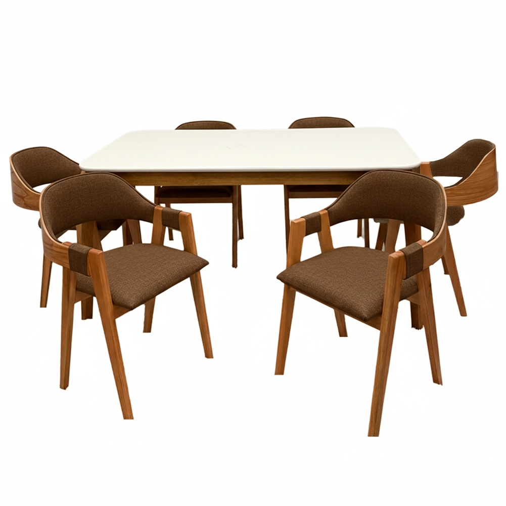 Mesa de Jantar Alegra 160x80cm com Vidro e 6 Cadeiras Perola em Corino Madeira Jcm