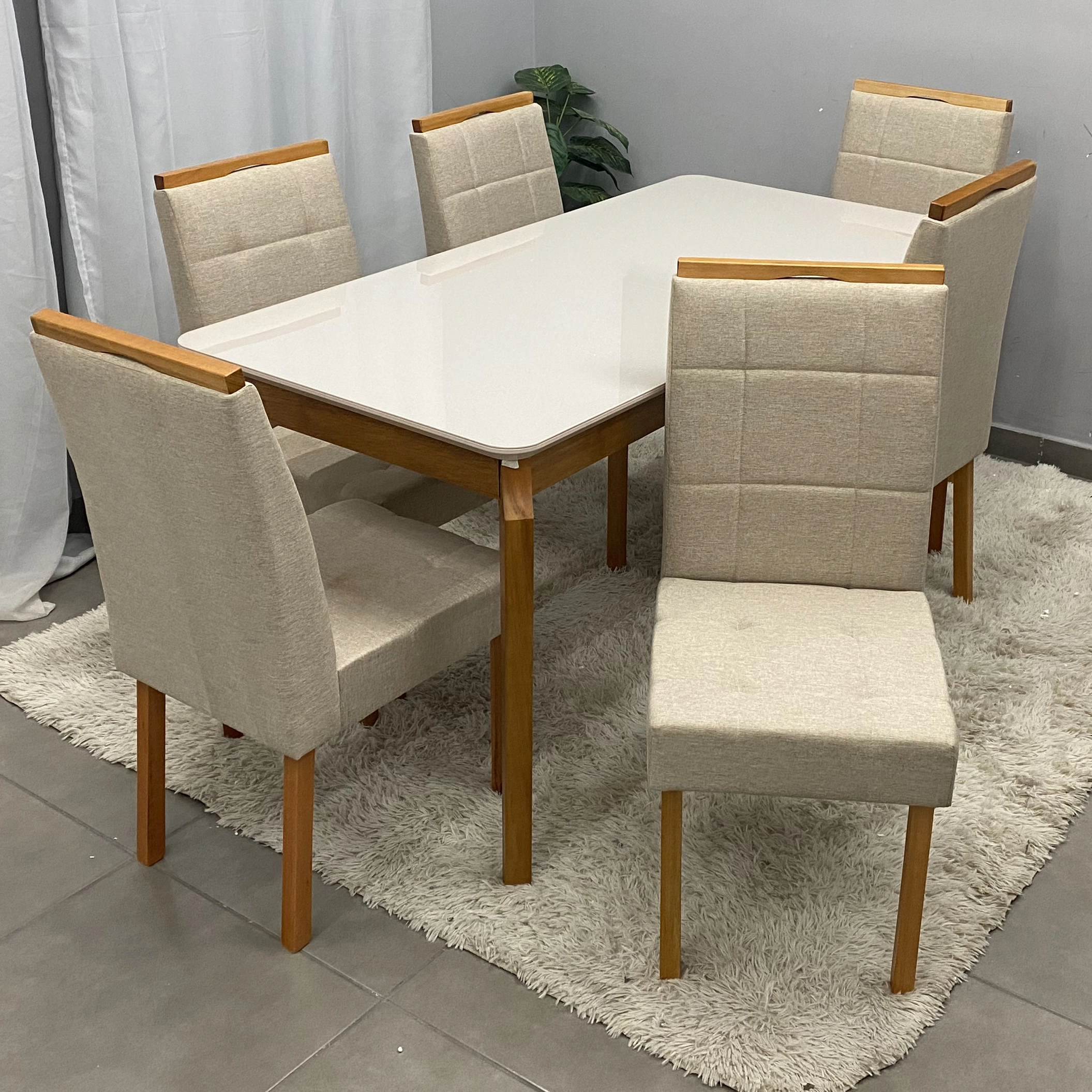 Mesa de Jantar Alegra 180x90cm com Vidro e 6 Cadeiras Giulia em Linho Estofadas Jcm - Imagem 3