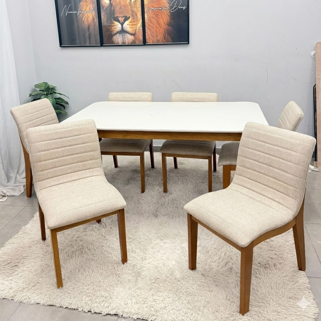 Mesa de Jantar Alegra 180x90cm com Vidro e 6 Cadeiras Sofia em Linho Estofadas Jcm - Image 3