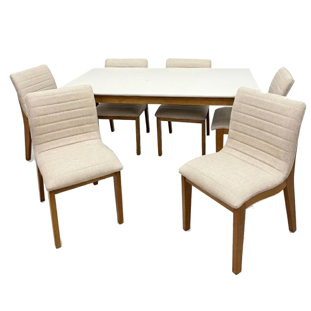 Mesa de Jantar Alegra 180x90cm com Vidro e 6 Cadeiras Sofia em Linho Estofadas Jcm