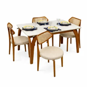 Mesa de Jantar Agata 135x90cm com Vidro e 4 Cadeiras Athenas em Linho Madeira Lj Móveis
