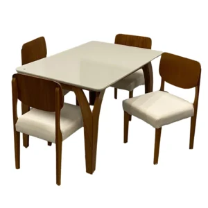 Mesa de Jantar Agata 135x90cm com Vidro e 4 Cadeiras Barcelona em Linho Madeira Lj Móveis