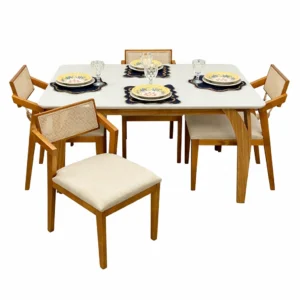 Mesa de Jantar Agata 135x90cm com Vidro e 4 Cadeiras Berlim Hr em Linho Madeira Lj Móveis