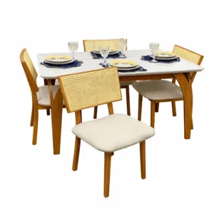 Mesa de Jantar Agata 135x90cm com Vidro e 4 Cadeiras Diamante em Linho Madeira Lj Móveis