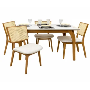 Mesa de Jantar Agata 135x90cm com Vidro e 4 Cadeiras Livia em Linho Madeira Lj Móveis