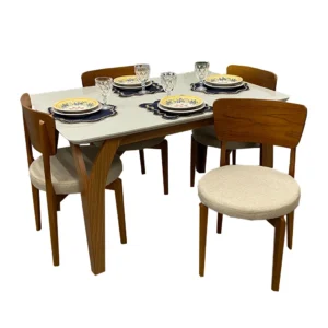 Mesa de Jantar Agata 135x90cm com Vidro e 4 Cadeiras Maldivas em Linho Madeira Lj Móveis