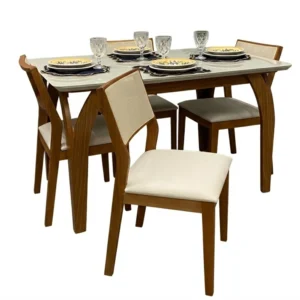 Mesa de Jantar Agata 135x90cm com Vidro e 4 Cadeiras Oiti em Linho Madeira Lj Móveis
