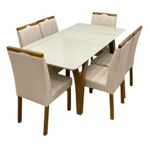 Mesa de Jantar Agata 180x90cm com Vidro e 6 Cadeiras California em Linho Estofadas Lj Móveis