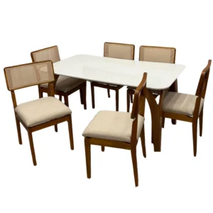 Mesa de Jantar Agata 180x90cm com Vidro e 6 Cadeiras Canada em Linho Madeira Lj Móveis