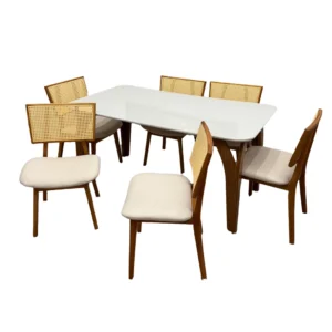 Mesa de Jantar Agata 180x90cm com Vidro e 6 Cadeiras Diamante em Linho Madeira Lj Móveis