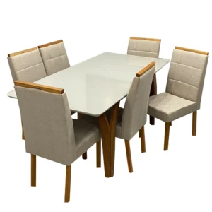 Mesa de Jantar Agata 180x90cm com Vidro e 6 Cadeiras Giulia em Linho Estofadas Lj Móveis