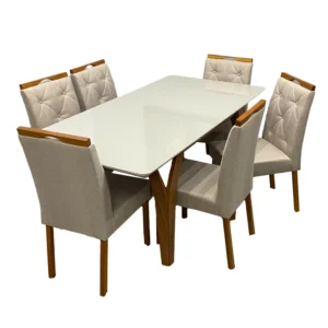 Mesa de Jantar Agata 180x90cm com Vidro e 6 Cadeiras Jasmim em Linho Estofadas Lj Móveis
