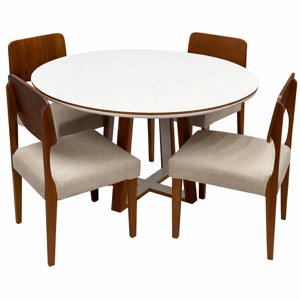 Mesa de Jantar Atlanta 100cm Redonda com Vidro e 4 Cadeiras Barcelona em Linho Madeira Minas Plac