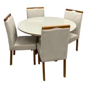 Mesa de Jantar Atlanta 100cm Redonda com Vidro e 4 Cadeiras California em Linho Estofadas Minas Plac
