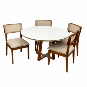 Mesa de Jantar Atlanta 100cm Redonda com Vidro e 4 Cadeiras Canada em Linho Madeira Minas Plac