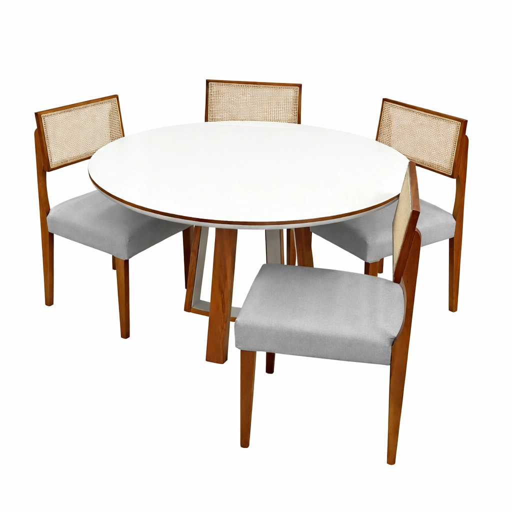Mesa de Jantar Atlanta 100cm Redonda com Vidro e 4 Cadeiras Grecia em Linho Madeira Minas Plac - Imagem 4