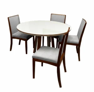 Mesa de Jantar Atlanta 120cm Redonda com Vidro e 4 Cadeiras Lara Kappesberg em Linho Madeira Minas Plac