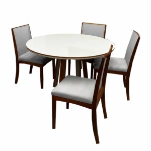 Mesa de Jantar Atlanta 100cm Redonda com Vidro e 4 Cadeiras Lara Kappesberg em Linho Madeira Minas Plac
