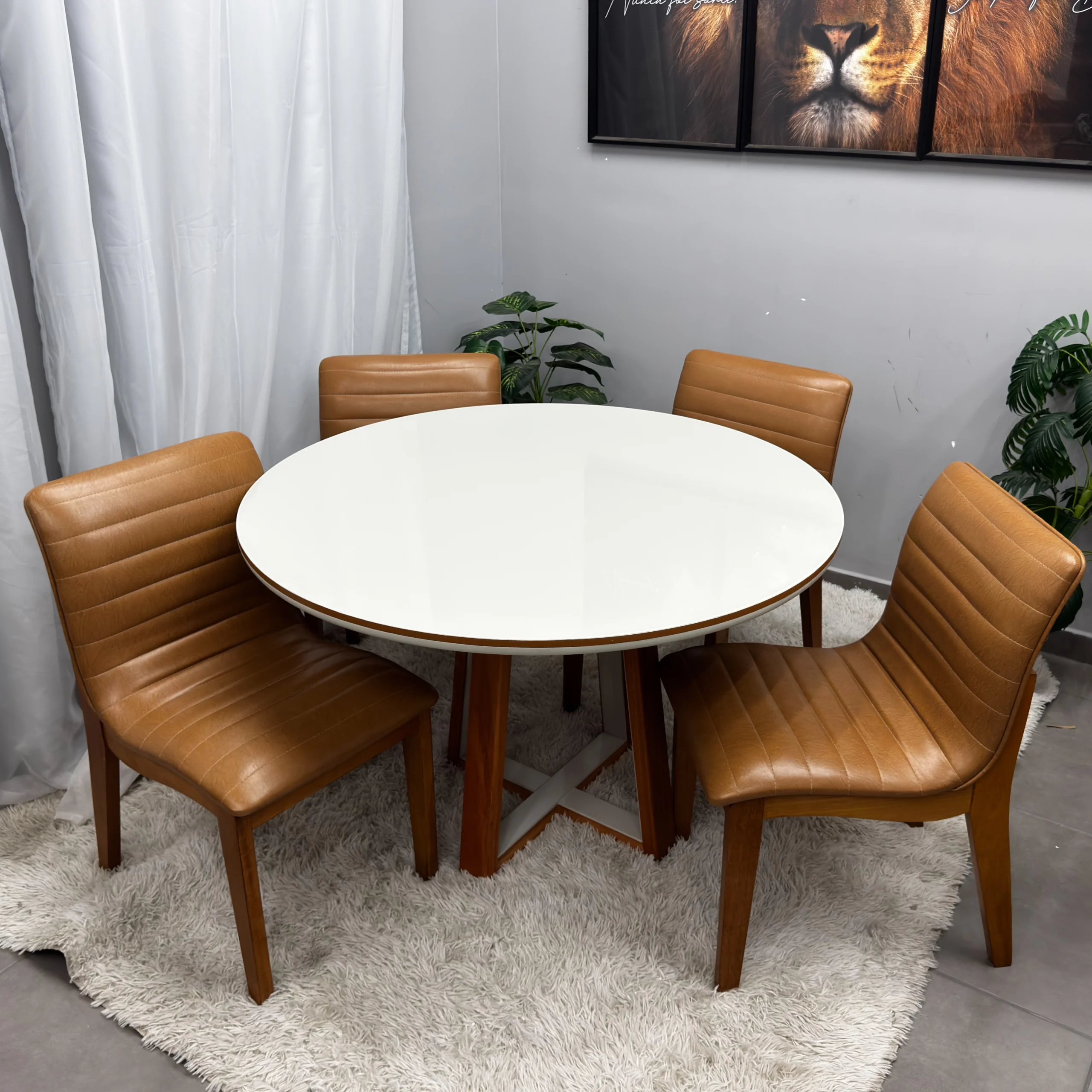 Mesa de Jantar Atlanta 120cm Redonda com Vidro e 4 Cadeiras Sofia em Corino Estofadas Minas Plac - Imagem 3
