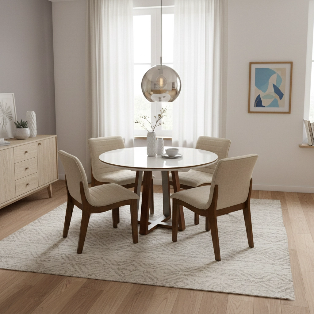 Mesa de Jantar Atlanta 100cm Redonda com Vidro e 4 Cadeiras Sofia em Linho Estofadas Minas Plac - Imagem 3