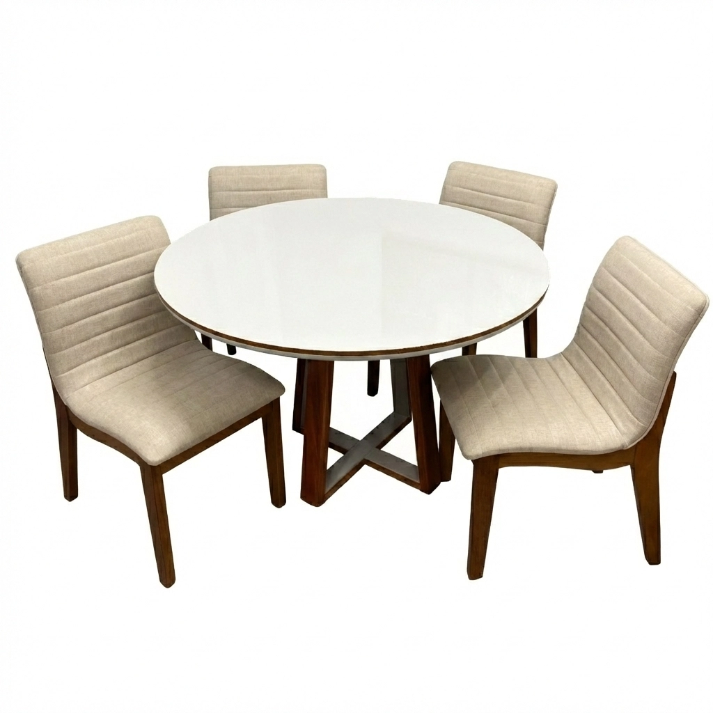 Mesa de Jantar Atlanta 100cm Redonda com Vidro e 4 Cadeiras Sofia em Linho Estofadas Minas Plac