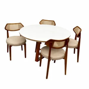 Mesa de Jantar Atlanta 120cm Redonda com Vidro e 4 Cadeiras Athenas em Linho Madeira Minas Plac